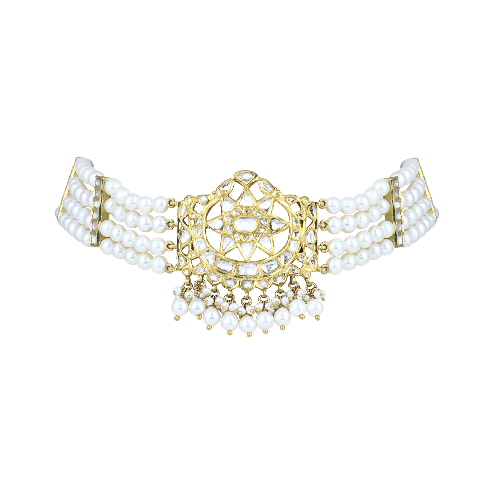 Polki Choker with Pearl Strands and Geometric Central Motif